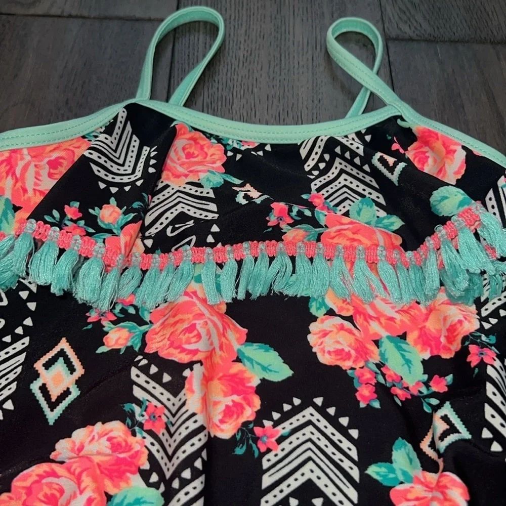 Toddler girl fluorescent like color fringe top swimsuit